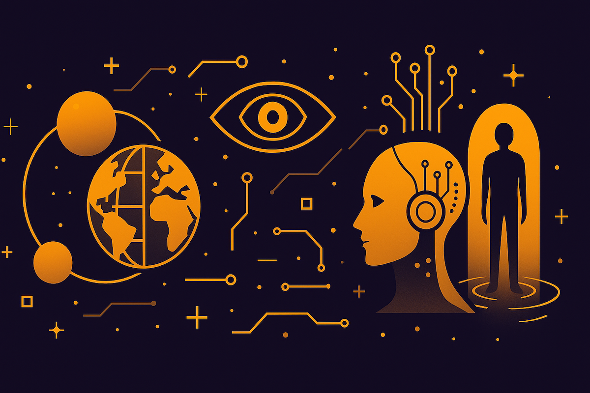 Colagem de pura ciência com ícones de multiverso, simulação quântica e referências a Matrix e Star Trek