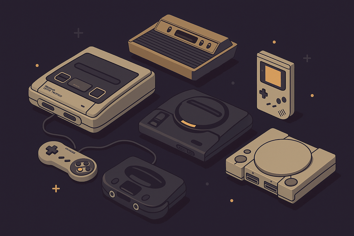 Consoles retrô modernos como Super Nintendo, Sega Genesis e Game Boy Ultra em exibição