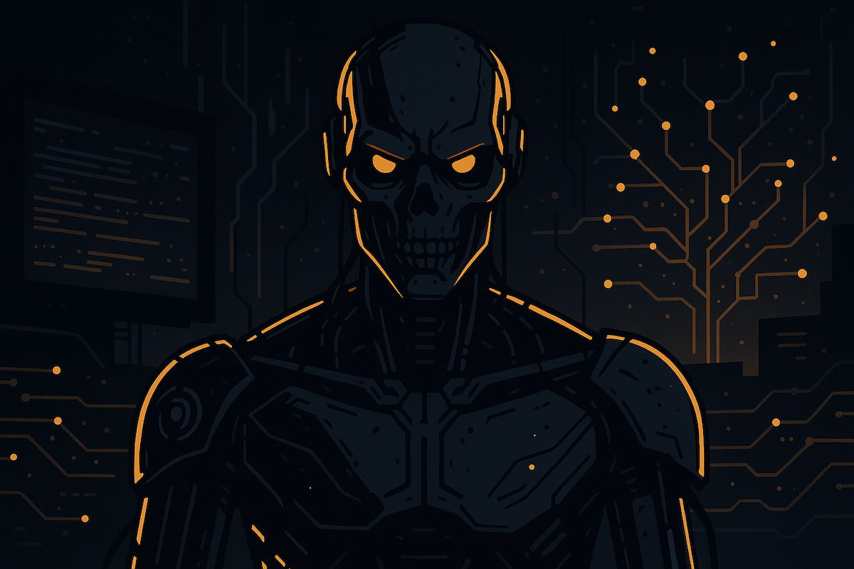 Representação de uma inteligência artificial ameaçadora controlando redes e sistemas digitais, em ambiente escuro.