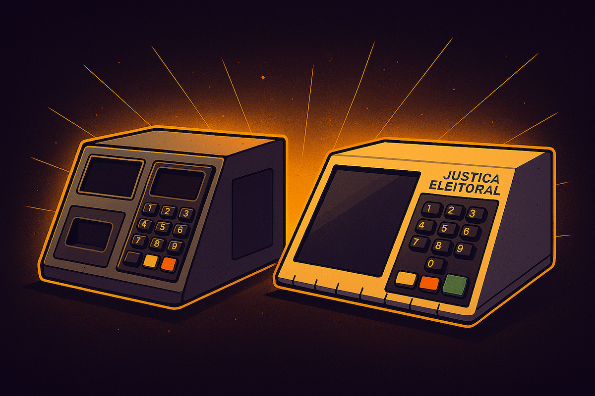 Urna eletrônica brasileira modelo 2025 com tela sensível ao toque e teclado numérico