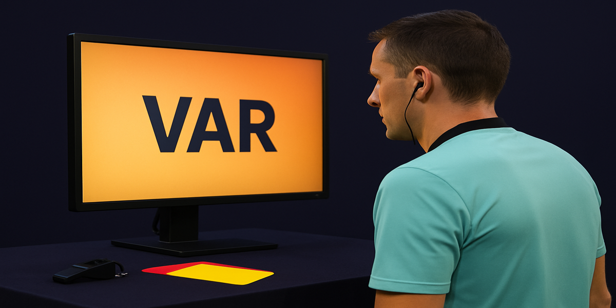 Árbitro analisando jogada no monitor do VAR durante partida de futebol