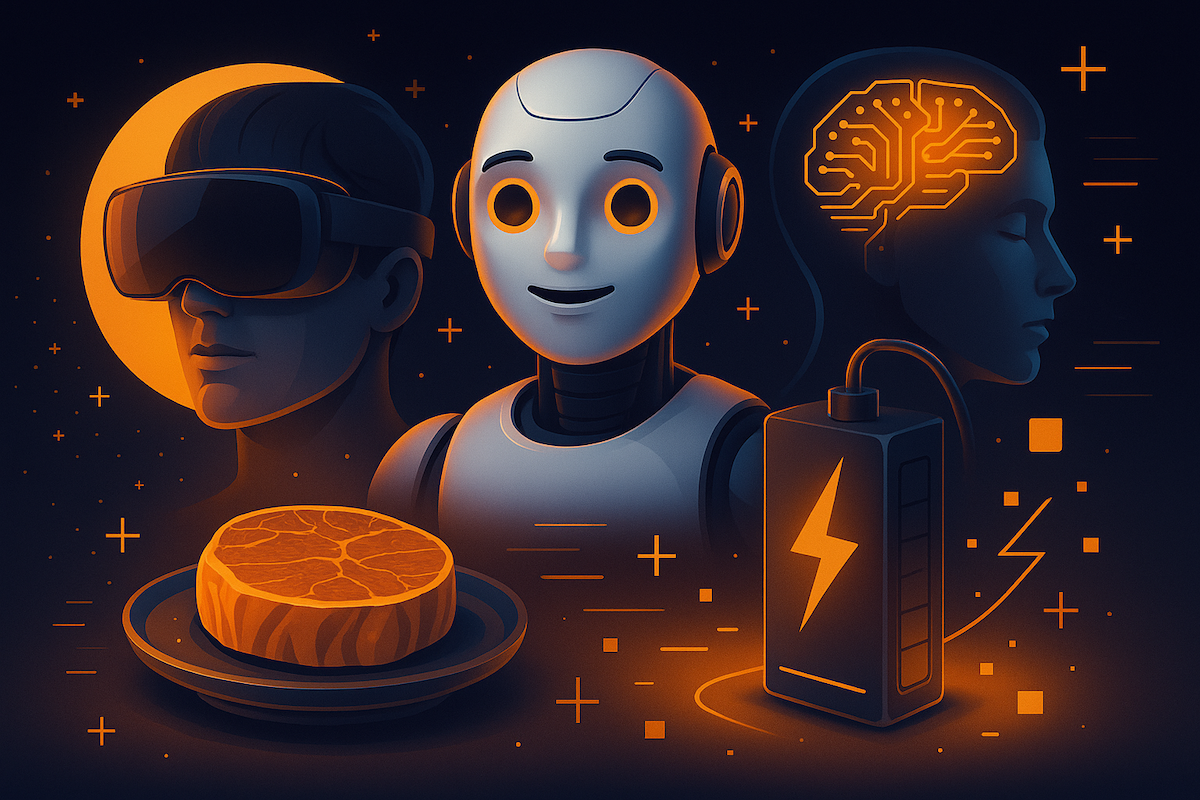 A ficção da realidade, Ilustração futurista com carro voador, órgãos artificiais e robôs humanoides