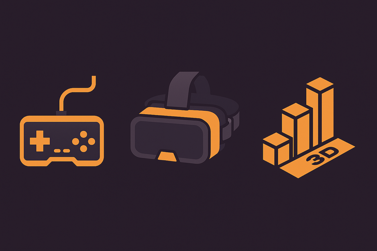 Controle com sensor de movimento, headset de realidade virtual e gráfico 3D representando tecnologia e evolução dos games