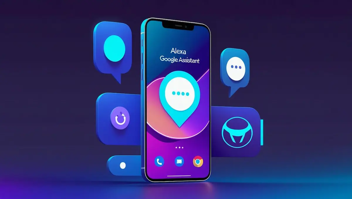 Ilustração de smartphone com ícones de assistentes virtuais como Alexa e Google Assistant em estilo neon azul e roxo.