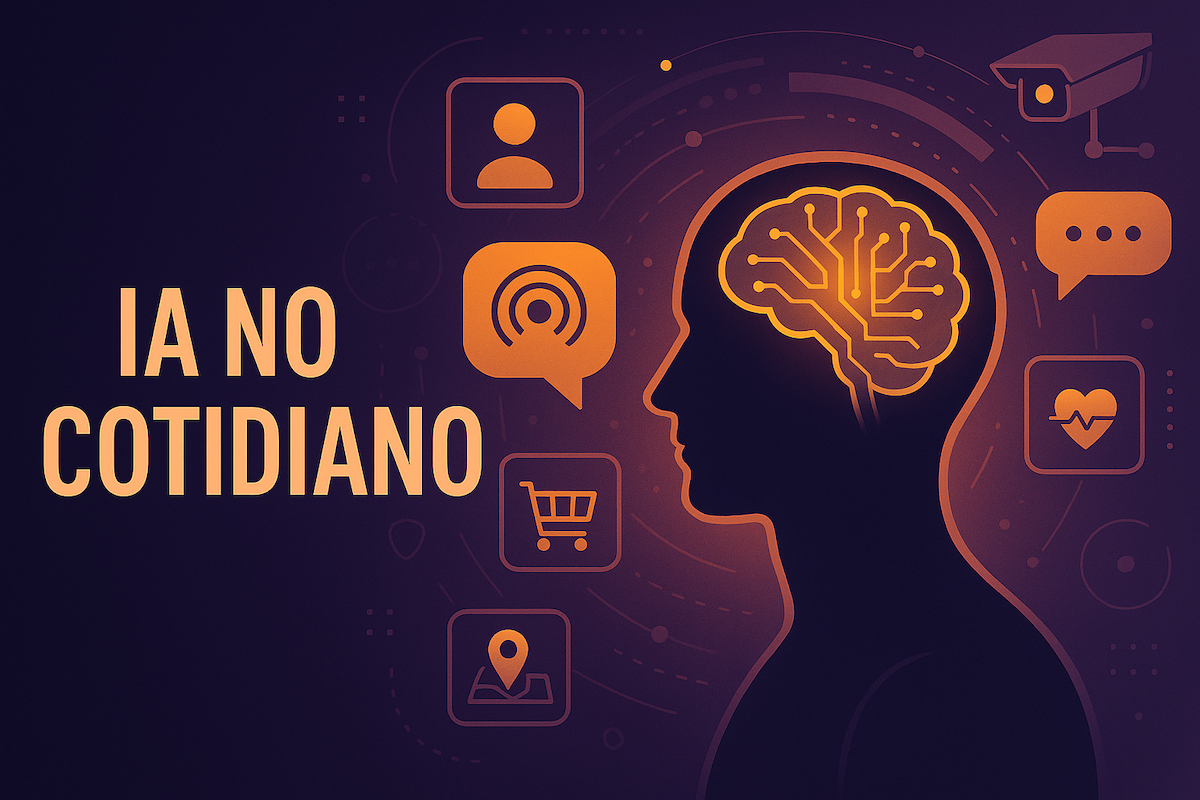 Silhueta humana com cérebro digital e ícones de tecnologia ao redor representando a IA no cotidiano.