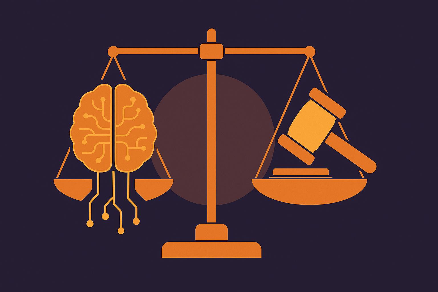 Ilustração conceitual representando os principais desafios da ética na IA, como privacidade, viés algorítmico e responsabilidade legal.