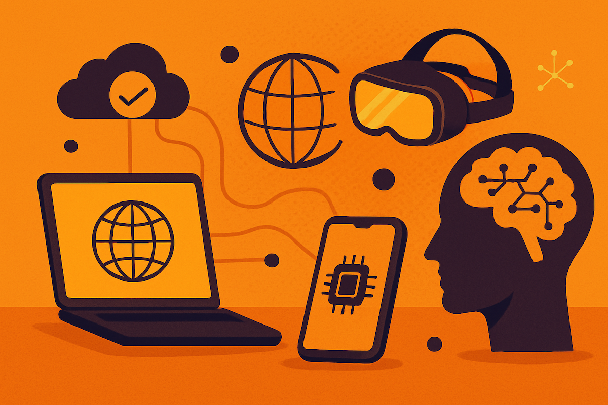 Ilustração com laptop, óculos de realidade virtual, smartphone, nuvem conectada e cérebro com conexões digitais representando o futuro da internet.