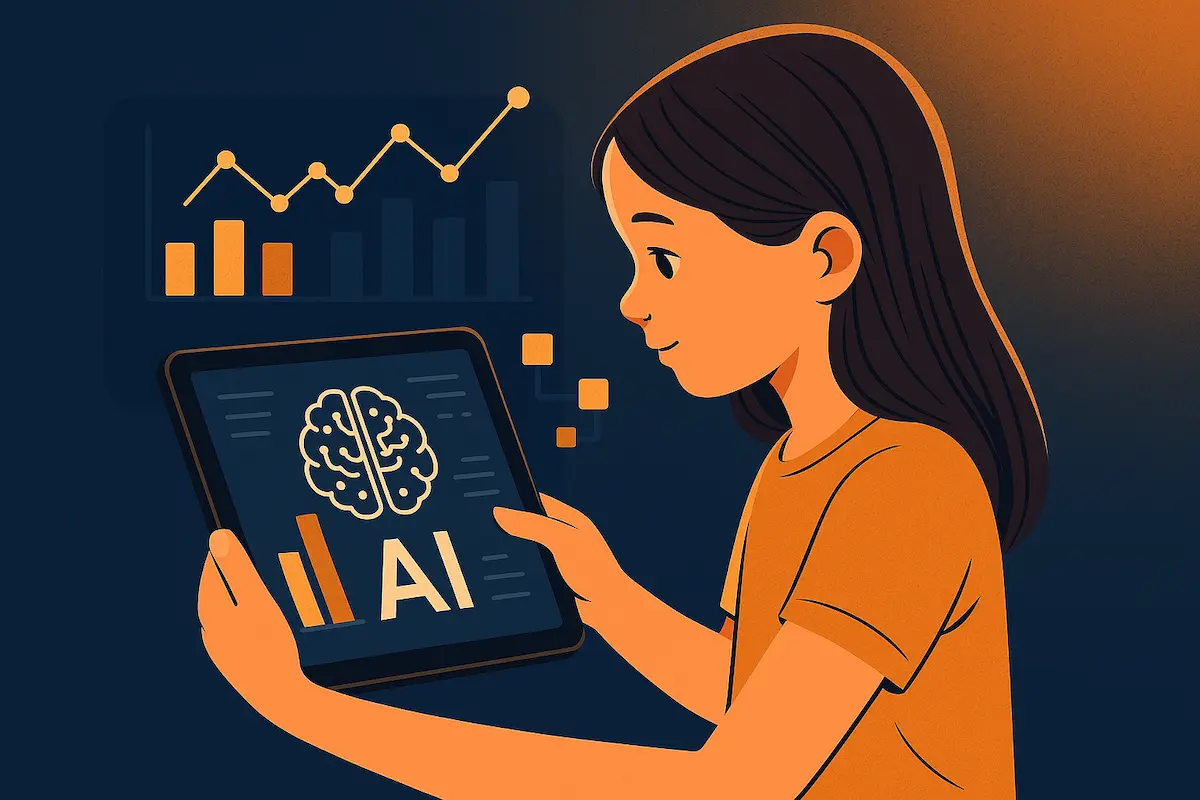 IA na educação, criança utilizando tablet com gráfico de IA na tela