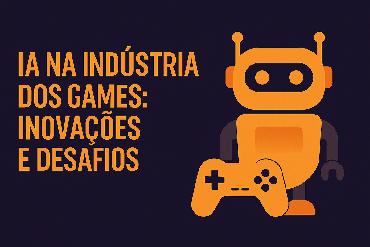 Humanoide com headset jogando em ambiente holográfico futurista, representando a inteligência artificial nos games.