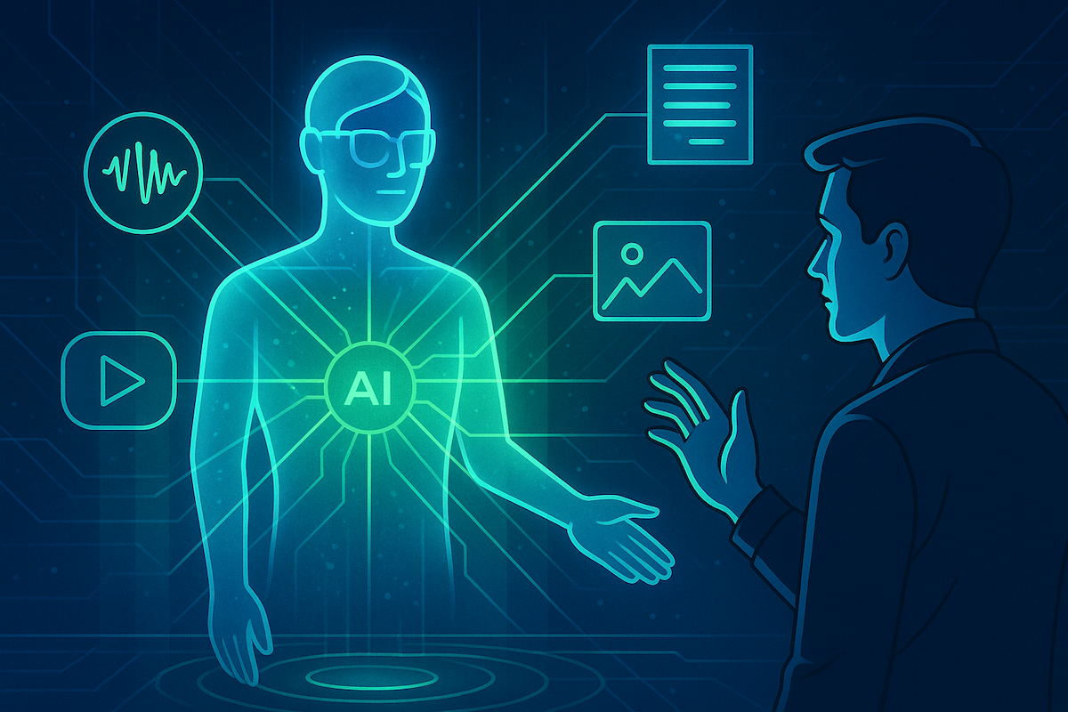 Pessoa interagindo com IA multimodal que combina imagem, som e texto em ambiente digital futurista.