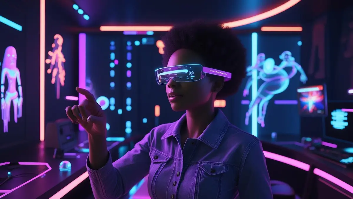 Jogadora com óculos de realidade aumentada interagindo em sala gamer futurista com hologramas