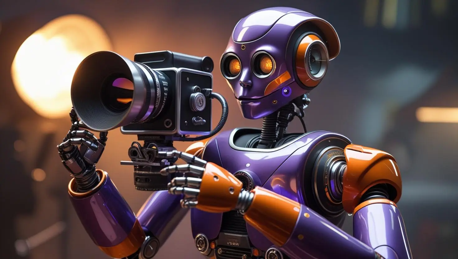 Robô futurista com acabamento em roxo e laranja filmando uma cena em estúdio, representando o uso de IA no cinema.