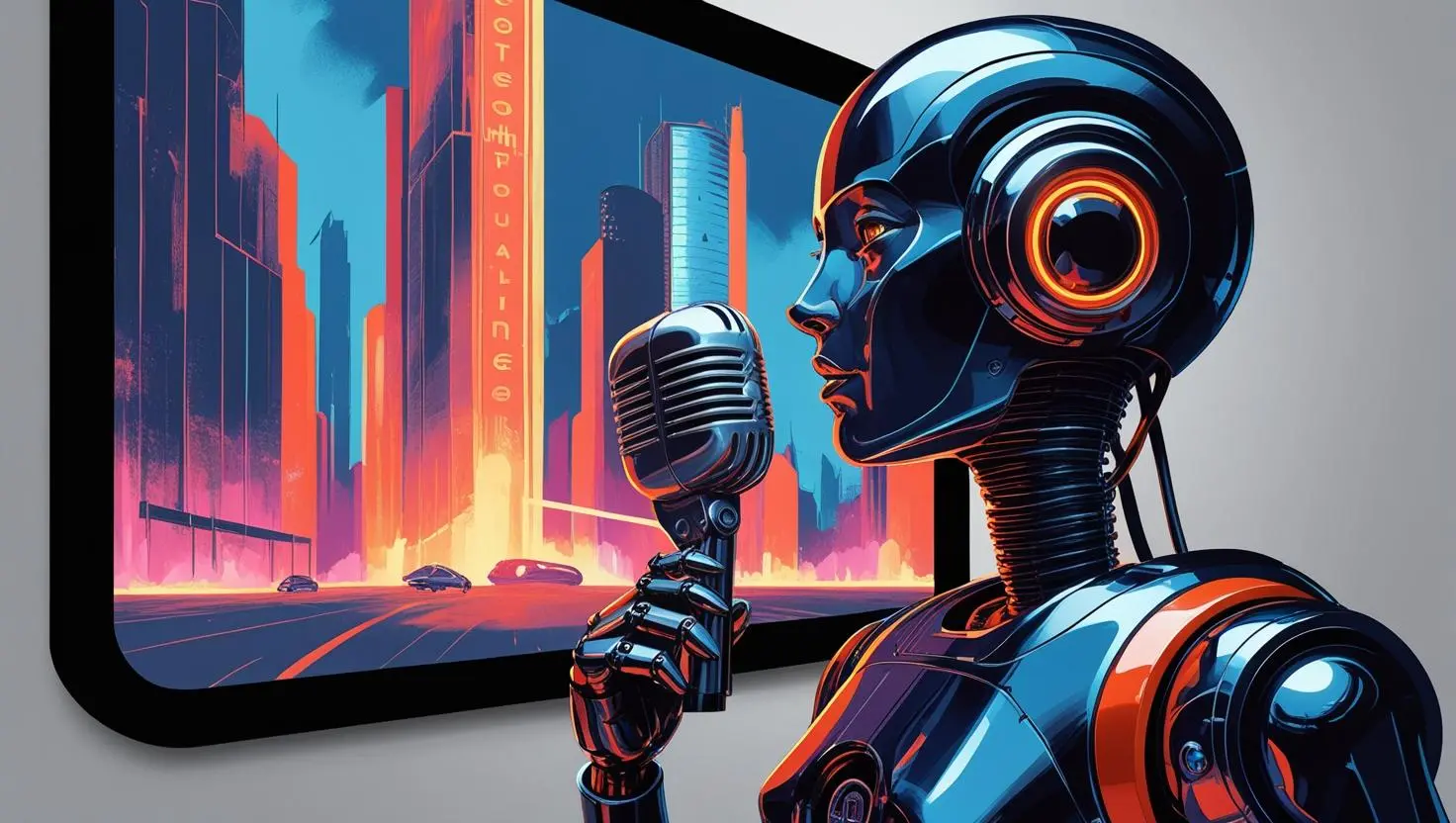 Robô com design futurista segurando um microfone enquanto olha para uma tela de computador, simulando um processo de dublagem com inteligência artificial. Ilustração high-tech de IA na dublagem.