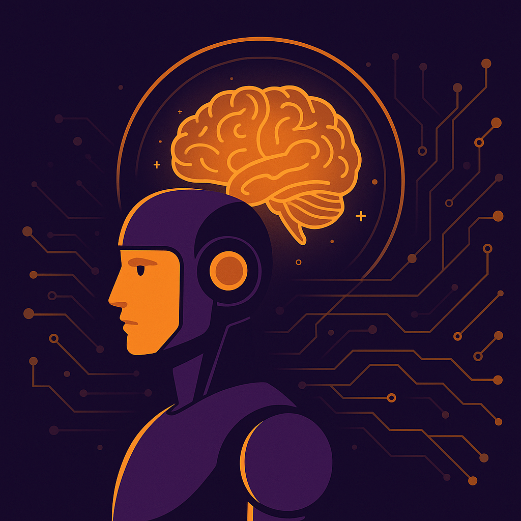 Robô futurista com cérebro iluminado ao fundo, ilustrando o conceito de IA consciente