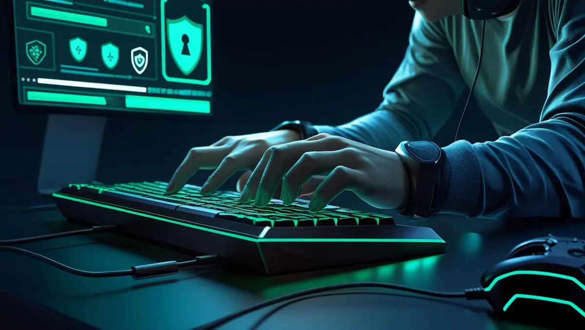 segurança digital para gamers: Ilustração de um gamer com fone e escudo digital refletindo ameaças cibernéticas