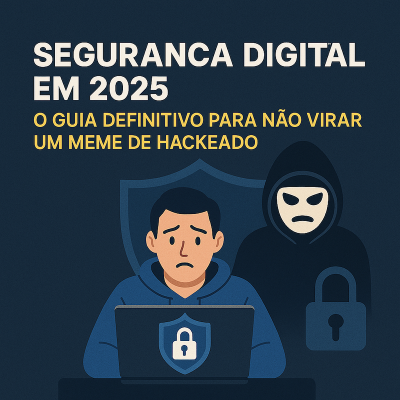 Homem preocupado em frente a um laptop com símbolo de segurança, sendo observado por um hacker mascarado — representação dos perigos cibernéticos em 2025.