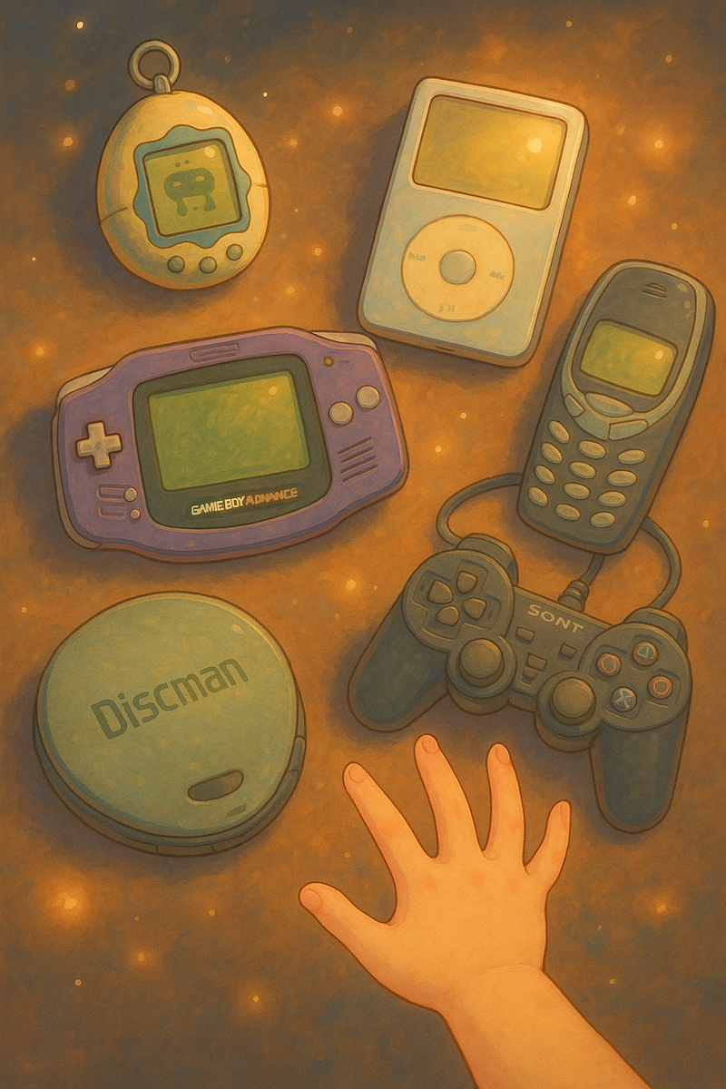 Ilustração em estilo Ghibli com dispositivos nostálgicos como Game Boy Advance, Tamagotchi, iPod, Discman, controle do PlayStation e celular Nokia sobre fundo quente com mão infantil alcançando-os.