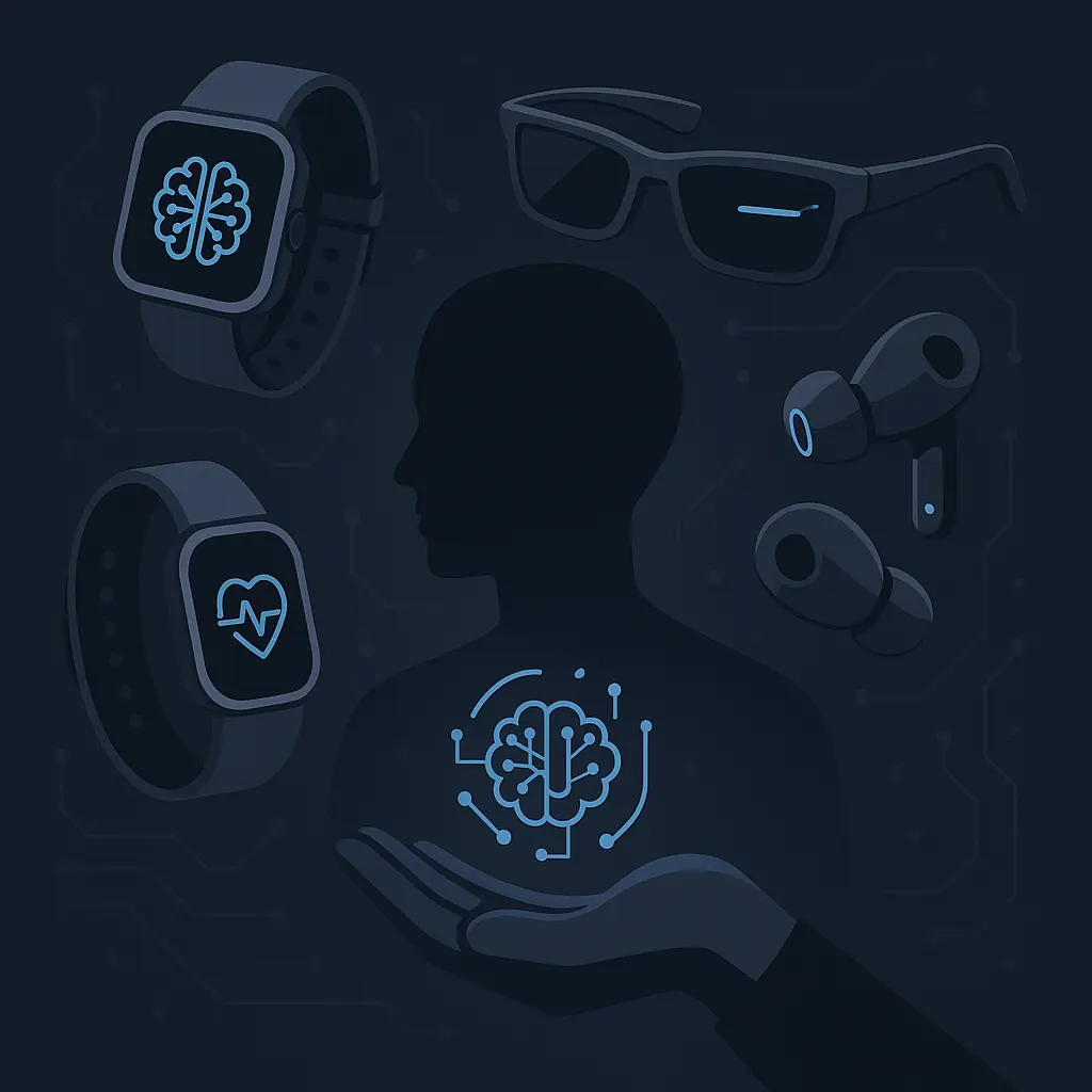 Dispositivos vestíveis com inteligência artificial integrados, como smartwatches e fones de ouvido, representando wearables inteligentes para monitoramento de saúde e performance.