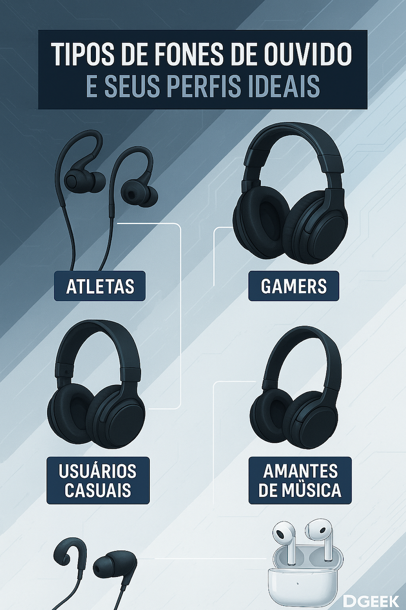 Infográfico com tipos de fones de ouvido e perfis de uso