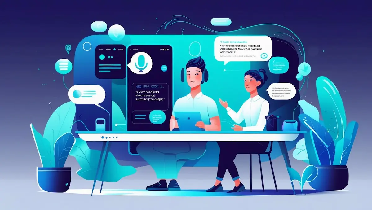 Busca por Voz e IA Conversacional: microfone inteligente com ícones de tecnologia e ondas sonoras simbolizando comunicação digital avançada.