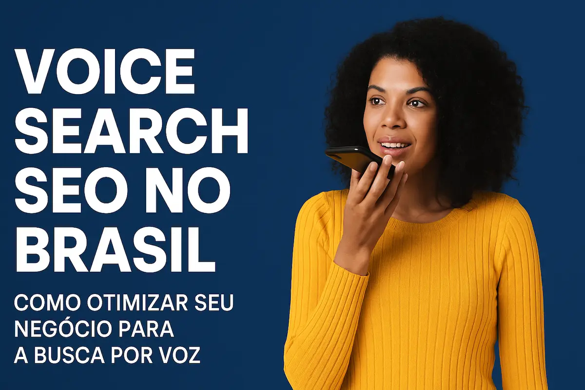 Mulher brasileira falando ao celular com fundo azul e texto sobre Voice Search SEO no Brasil.