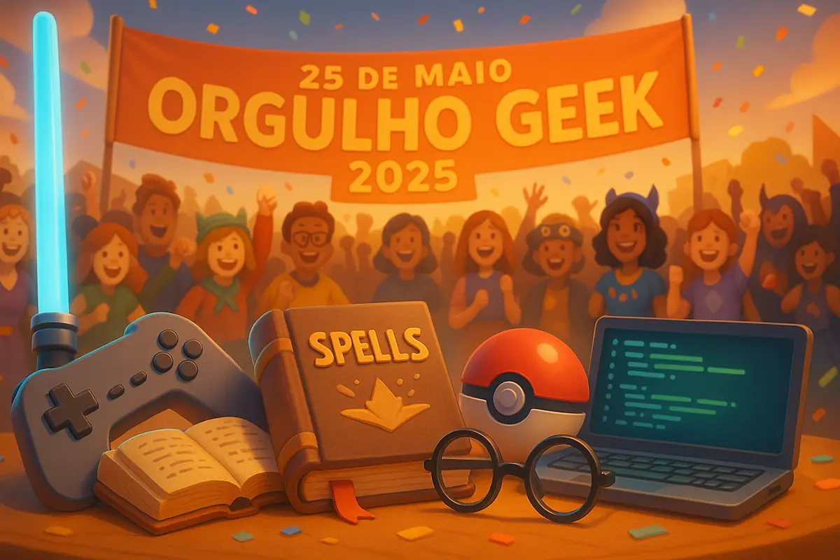 Ilustração comemorativa do Dia do Orgulho Geek 2025 com elementos clássicos da cultura nerd como sabre de luz, Pokébola, livros e tecnologia, celebrando 25 de maio.