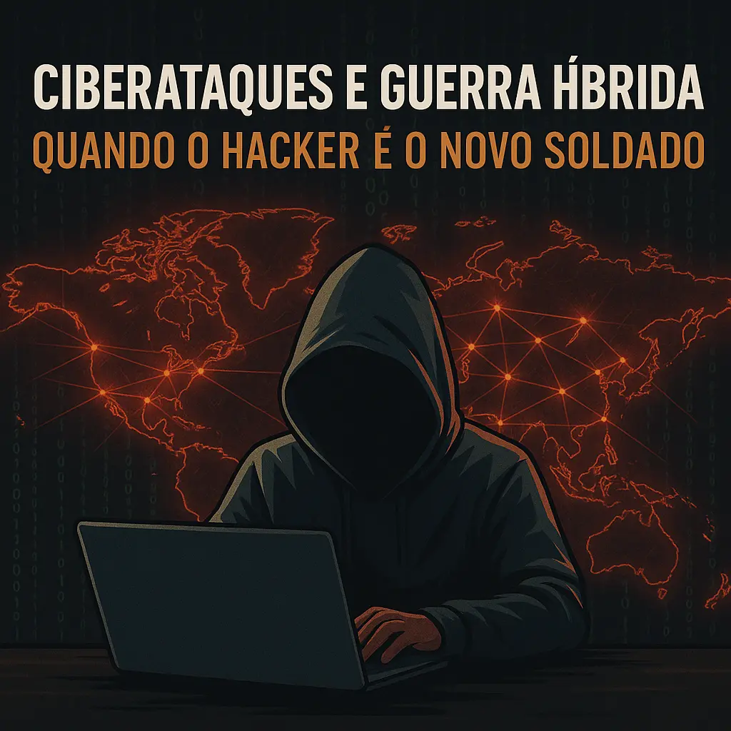 Imagem de um hacker encapuzado operando um notebook com um mapa mundial conectado ao fundo, representando ciberataques globais