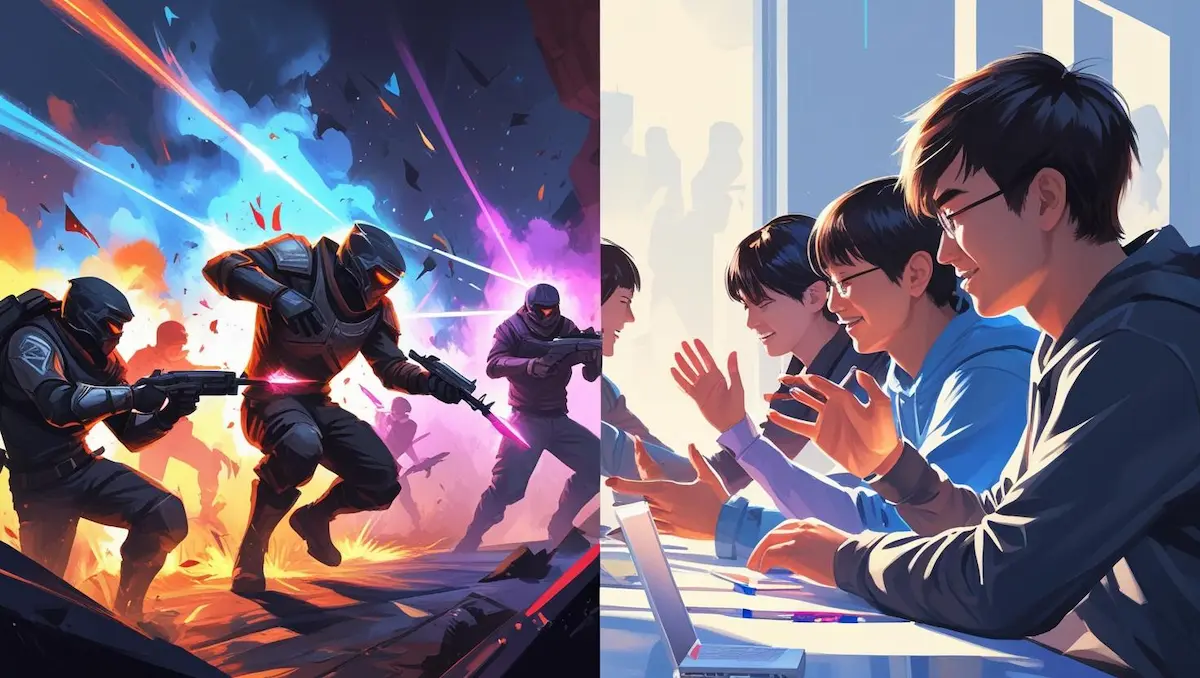 Ilustração contrastando comportamento tóxico nos games com atitudes positivas, mostrando jogadores em situações de agressão e empatia.