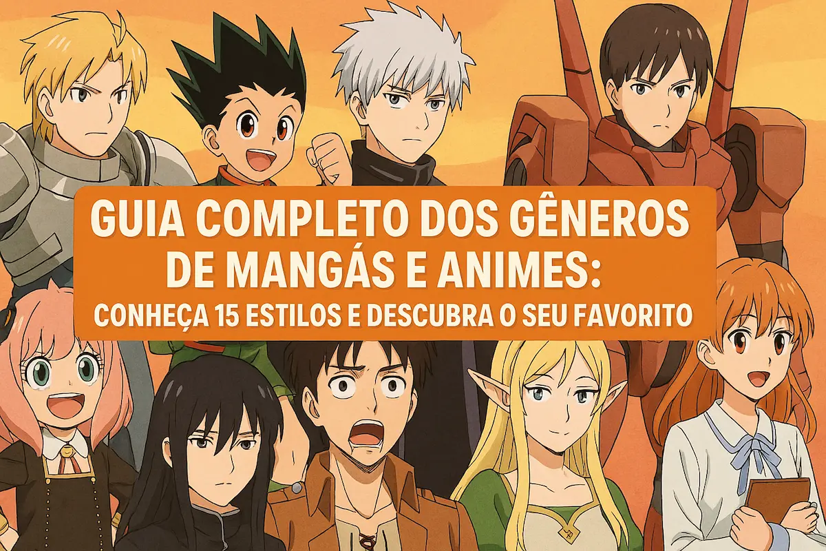 Ilustração com personagens representando os principais gêneros de mangás e animes, incluindo ação, romance, mecha, fantasia, terror e esportes.