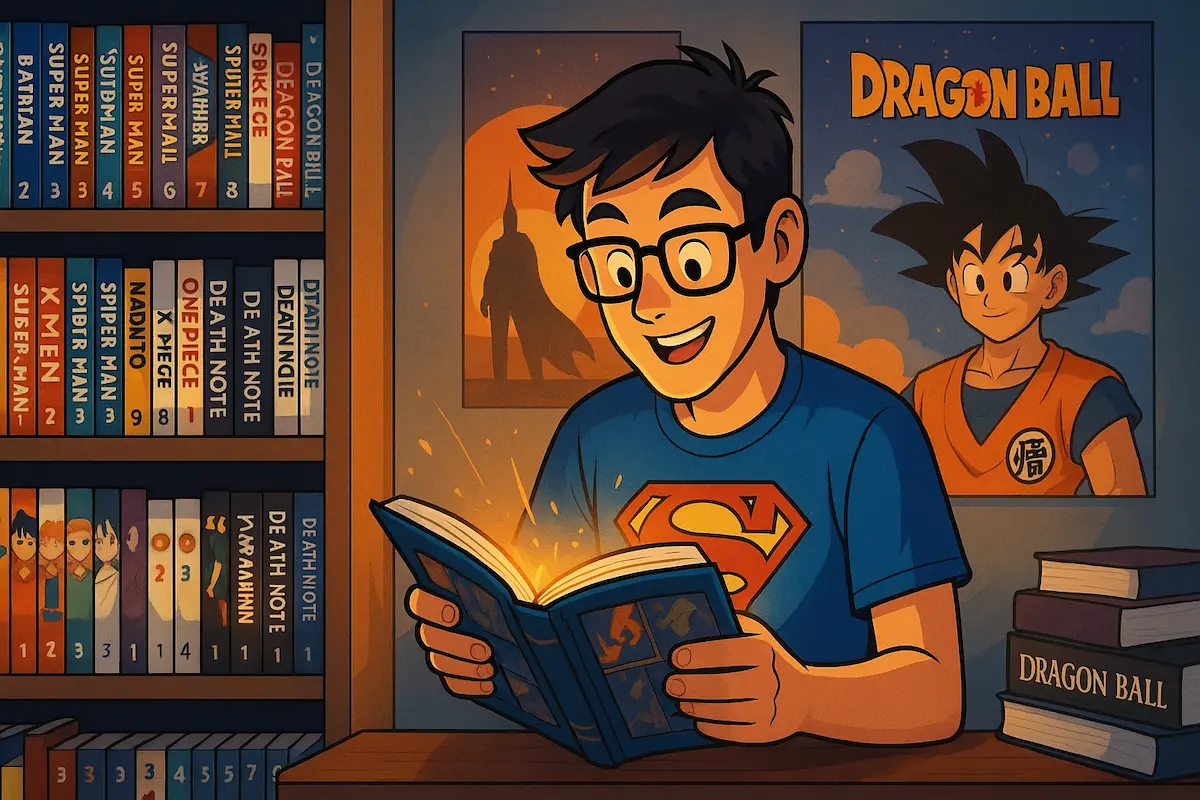 Ilustração de jovem lendo HQs e mangás em uma estante com obras da Marvel, DC, Naruto e One Piece, simbolizando o início da jornada na leitura geek.