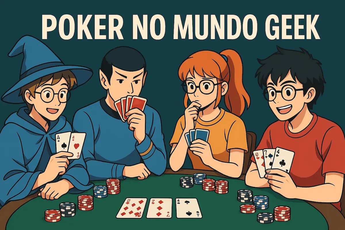 Ilustração de personagens geeks jogando poker em uma mesa, representando o conceito de poker no mundo geek com elementos de cultura pop.