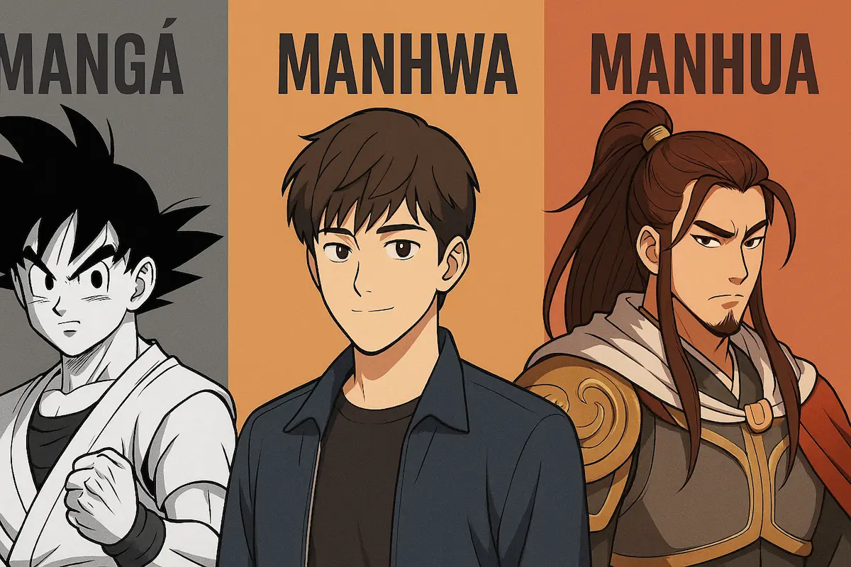 Comparação visual entre mangá japonês, manhwa coreano e manhua chinês com personagens e estilos distintos.