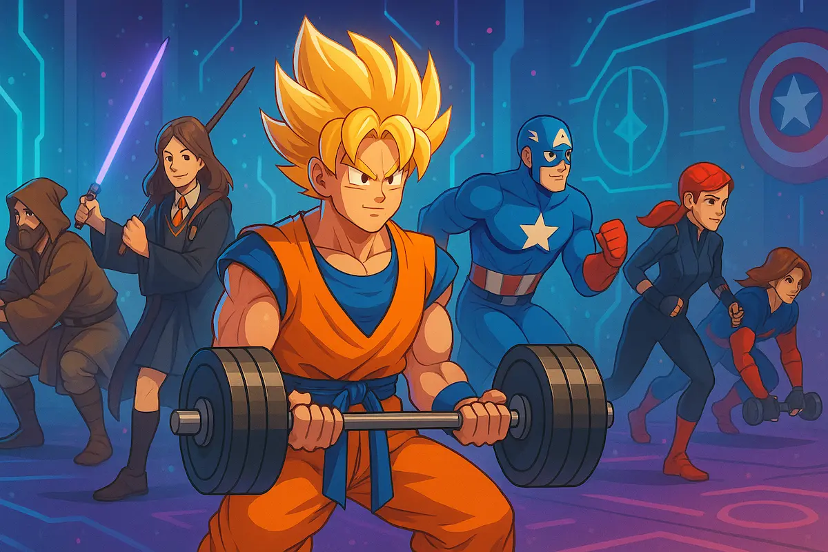 Nerd fitness: Personagens geek como Jedi, Saiyajin e super-heróis treinando em academia futurista com símbolos nerds