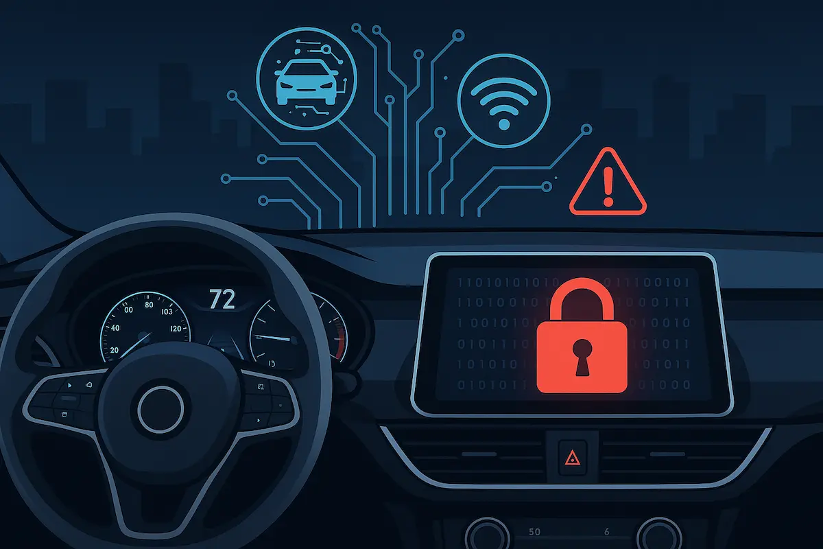 Painel de carro moderno com alerta de segurança digital, símbolos de conectividade veicular e cadeado representando cibersegurança automotiva.