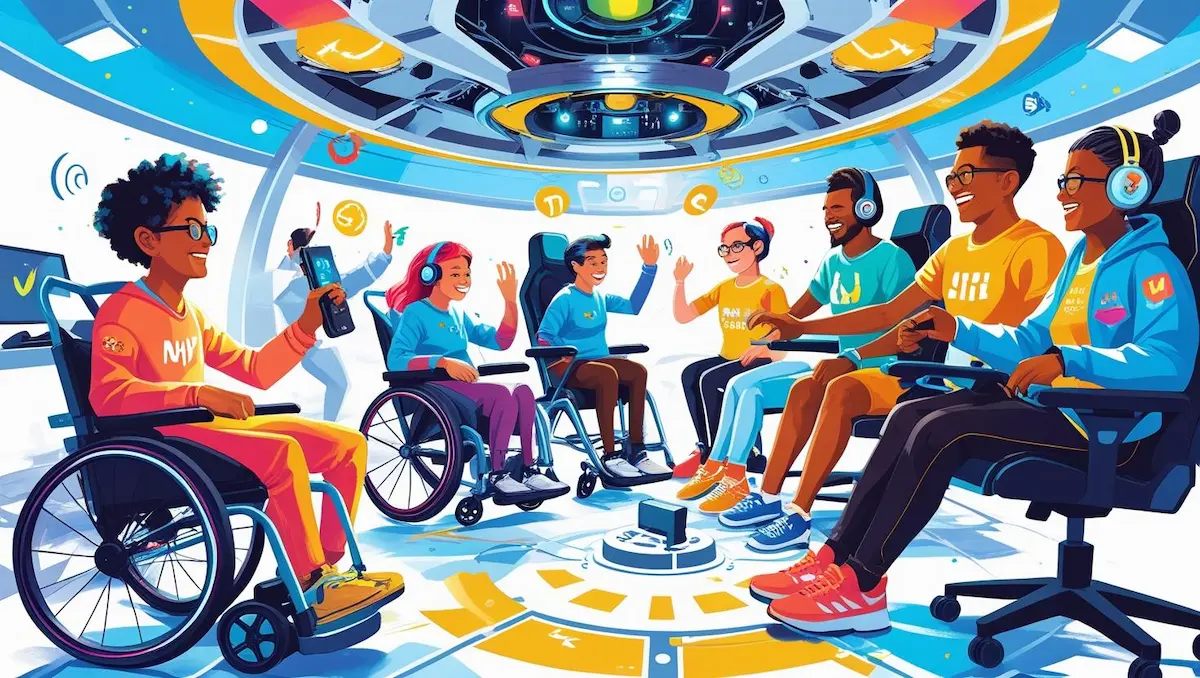 Ilustração colorida mostrando jogadores com deficiência jogando videogame juntos em um ambiente acessível, com a frase “Acessibilidade nos Games” em destaque.