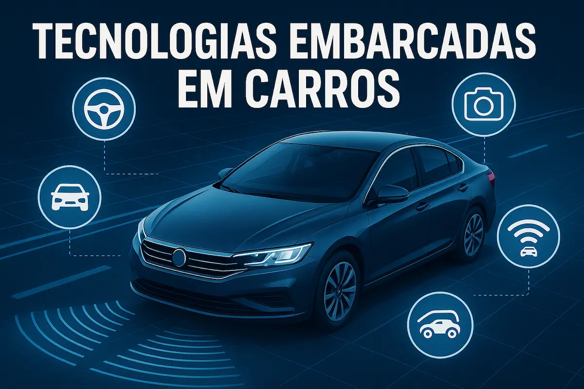 Painel de carro futurista com tecnologias embarcadas como ADAS, sensores e interface com inteligência artificial