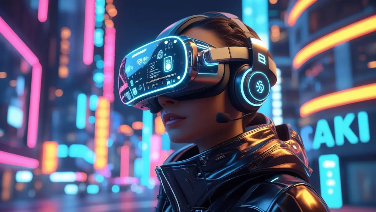 Gamer utilizando tecnologias do futuro como realidade aumentada, IA e cloud gaming em ambiente imersivo.