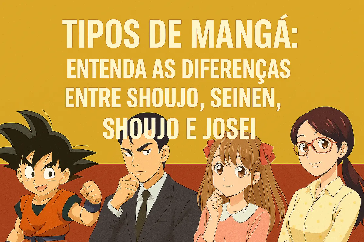 Ilustração com personagens representando os quatro tipos de mangá: shonen, seinen, shoujo e josei, com fundo em amarelo e vermelho e título em destaque.