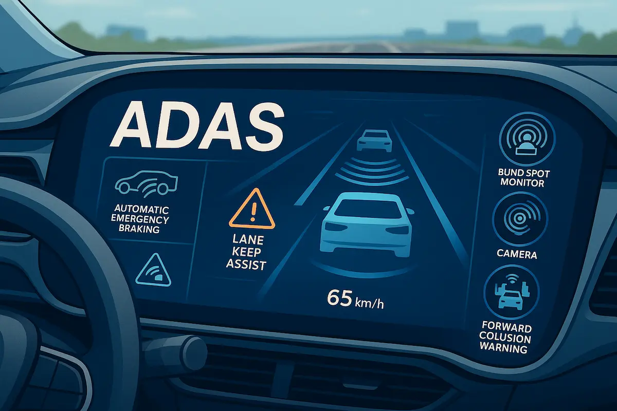 Painel digital de carro moderno exibindo recursos do sistema ADAS como frenagem automática, assistente de faixa e monitor de ponto cego