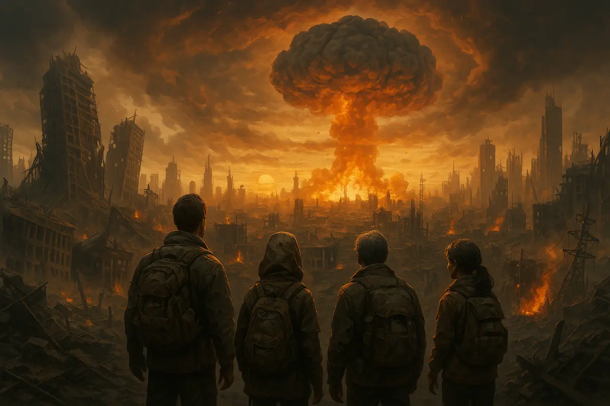 Quatro sobreviventes observam uma cidade destruída por guerra nuclear com uma nuvem em forma de cogumelo ao fundo, representando um cenário pós-guerra na ficção geek.