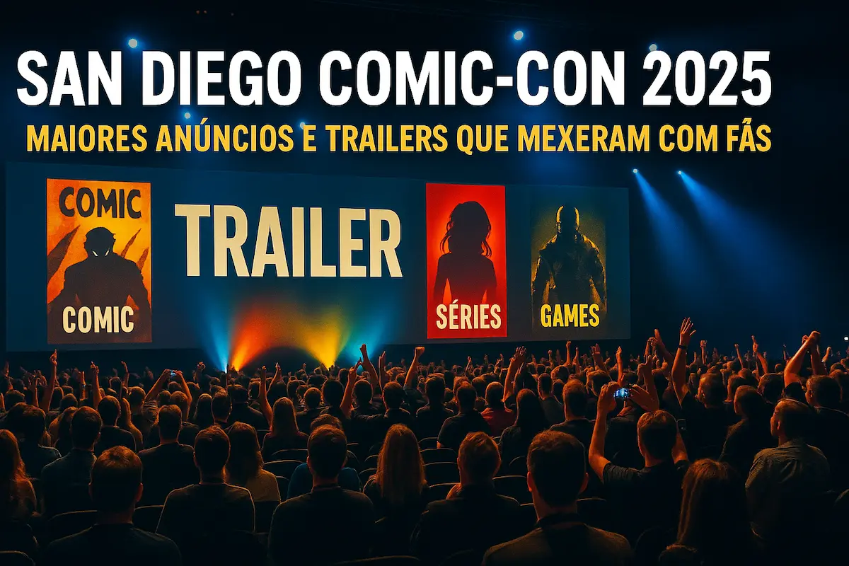 Multidão de fãs vibrando diante de um telão com anúncios de filmes, séries, HQs e games na San Diego Comic-Con 2025