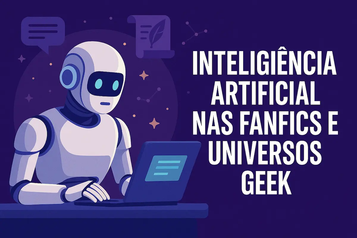 Ilustração de uma inteligência artificial interagindo com personagens de fanfics e universos geek, como animes, séries e HQs, representando criatividade e inovação digital.
