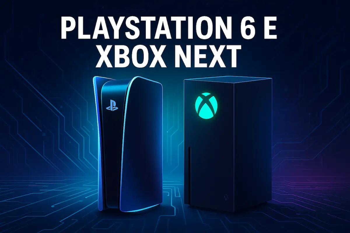 Imagem conceitual dos consoles PlayStation 6 e Xbox Next com visual futurista e ambientação tecnológica.