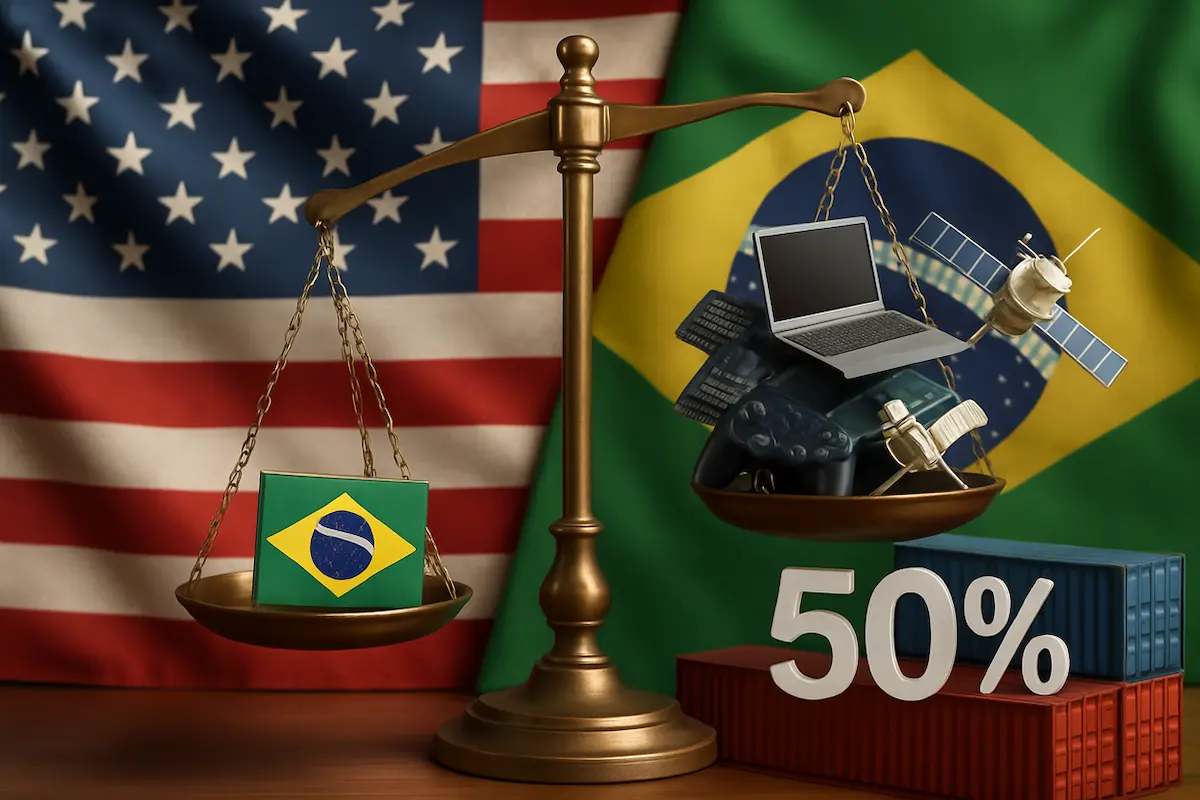 Imagem ilustrando o impacto das tarifas de Trump no mercado de tecnologia do Brasil, com bandeiras dos EUA e Brasil, produtos tecnológicos e símbolo de 50%