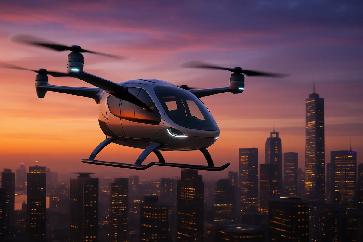 Drones de Transporte Pessoal (eVTOL) voando sobre uma cidade futurista ao pôr do sol, com arranha-céus iluminados e vertiportos. Representa a mobilidade aérea urbana.
