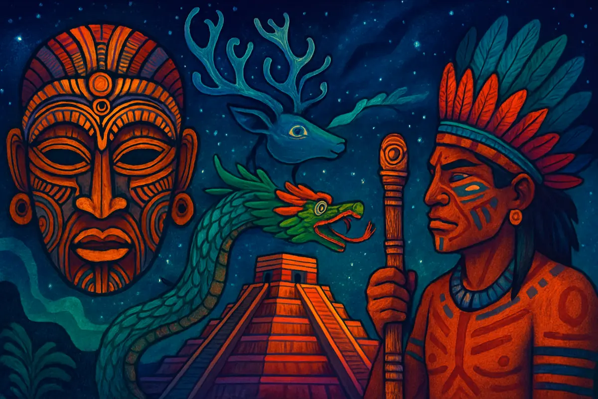 Folclore: representações artísticas de mitologias africanas, astecas, asiáticas centrais e indígenas das Américas em estilo geek.