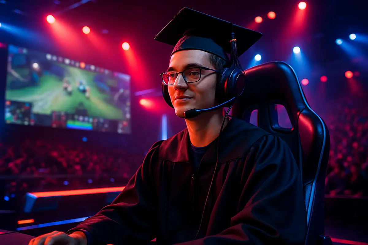 Estudante gamer com fone e capelo jogando E-sports em arena de universidades modernas com o logo "ESPORTS" na tela