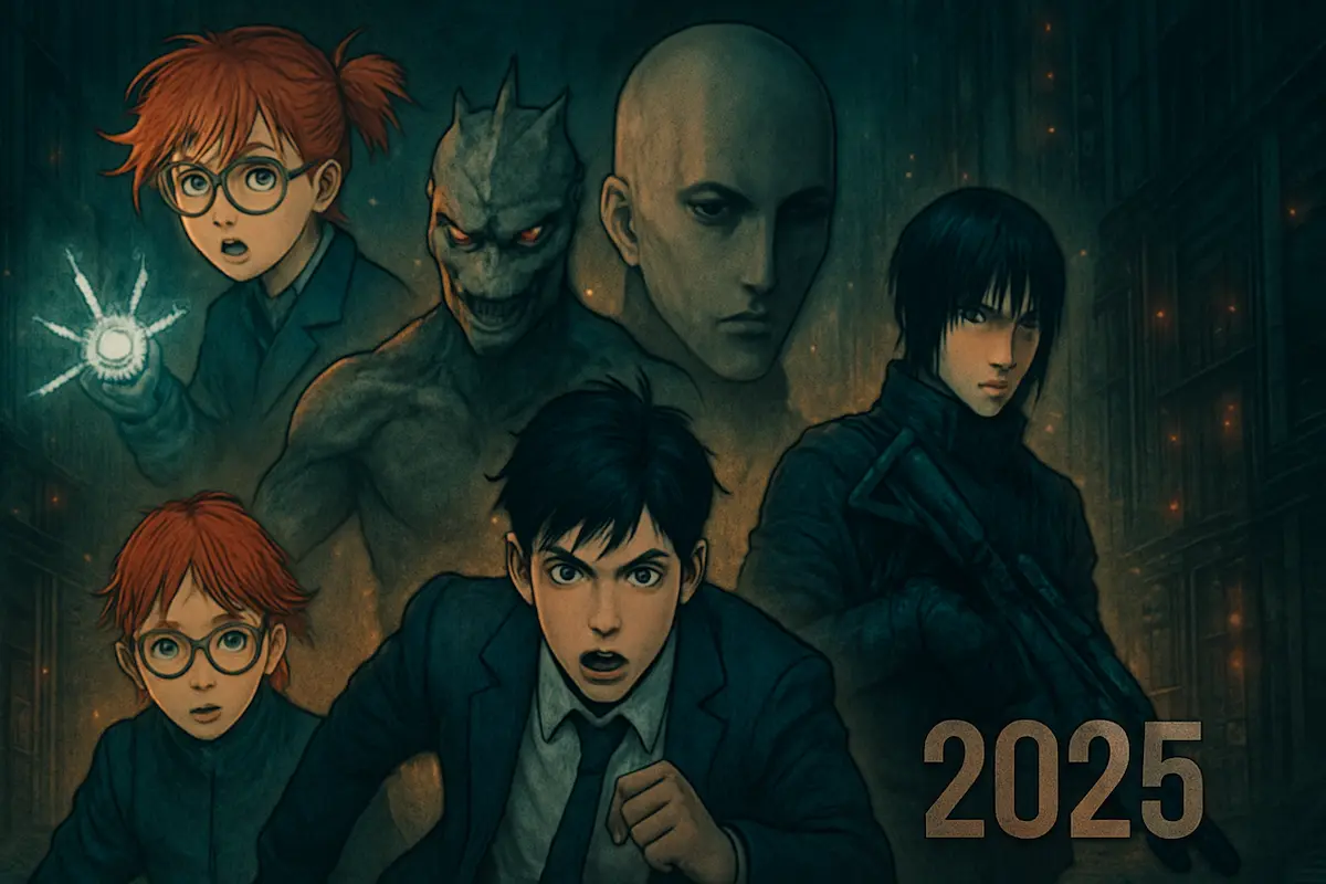 Capa com personagens de mangás de ficção científica 2025, incluindo Dandadan, Kaiju No. 8, Pluto e BLAME!, em cenários futuristas e sombrios.