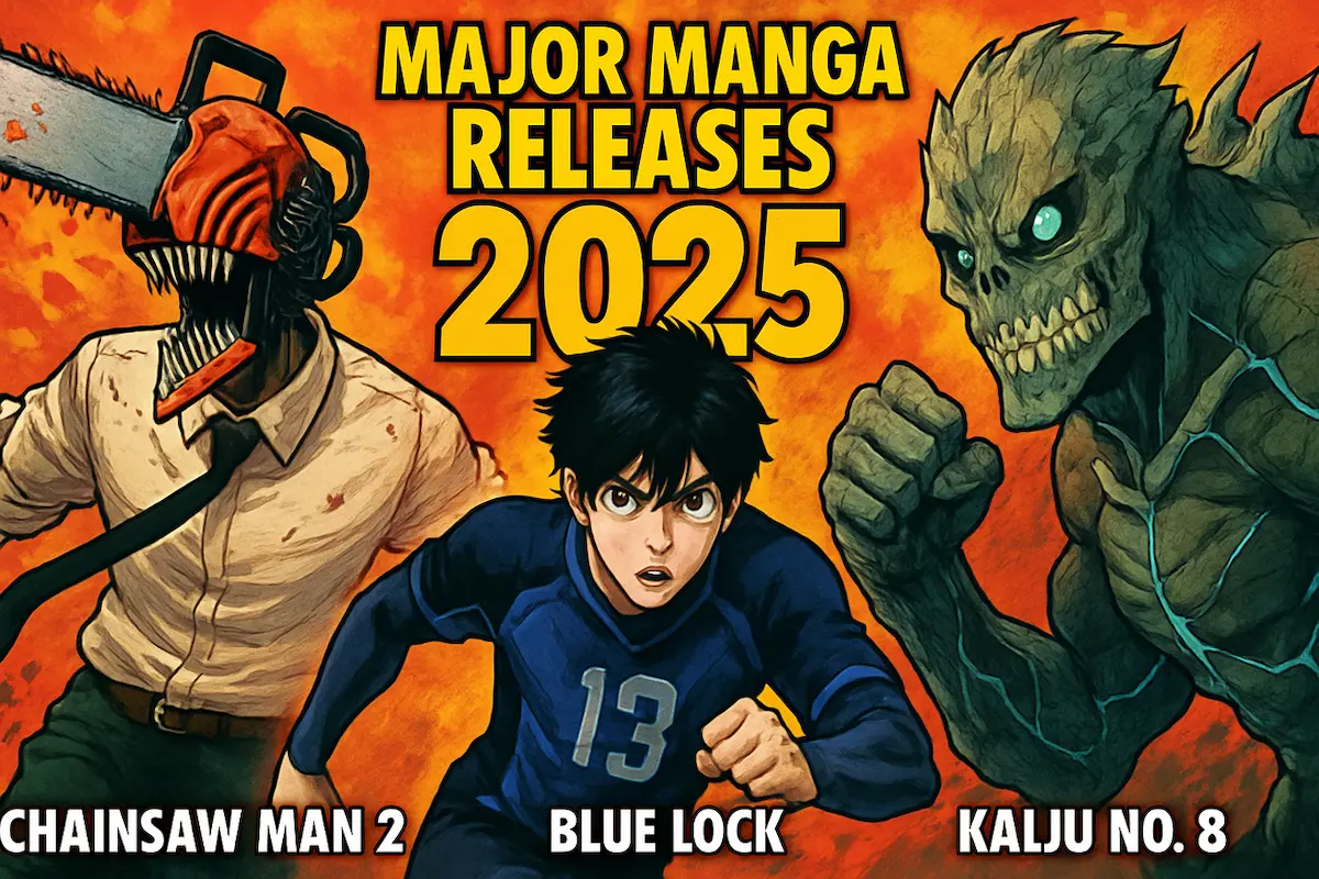 representando os lançamentos de mangás de 2025 mais aguardados, capa com arte de Chainsaw Man 2, Blue Lock e Kaiju No. 8.