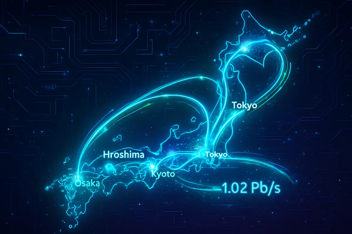 Mapa digital com cabos de fibra óptica iluminados representando o Japão quebrando recorde de velocidade de internet com 1,02 petabits por segundo